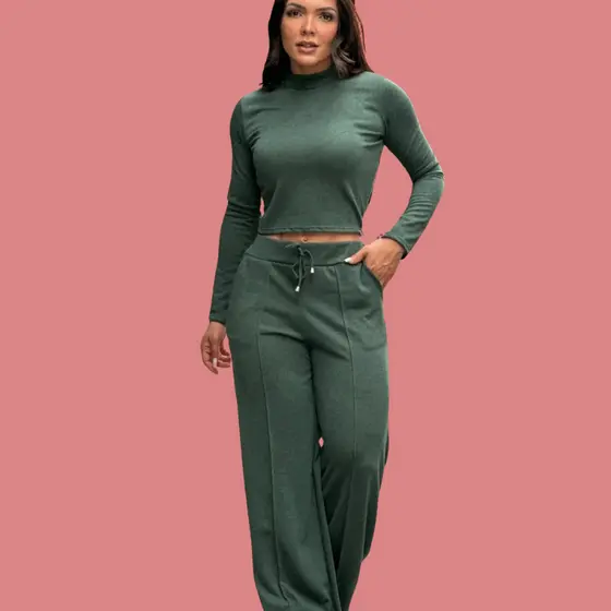 Conjunto de Lãnzinha Cropped Manga Longa e Calça Inverno