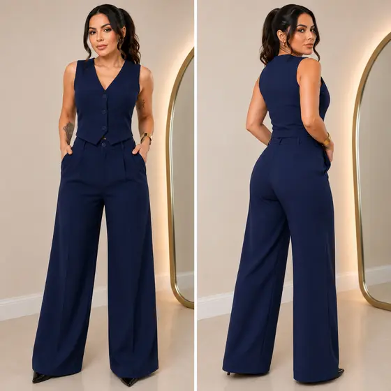 Conjunto Feminino Alfaiataria Premium | Calça Pantalona e Colete | Elegante | Zero Transparência Botões Forrados