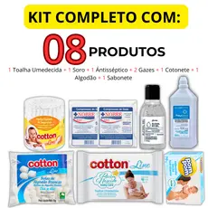 Kit Higiene Toalha Umedecida Recém-Nascido Bebê Kit C/ 8 Itens Cotonete+Soro+Gaze+Algodão+Lencinho