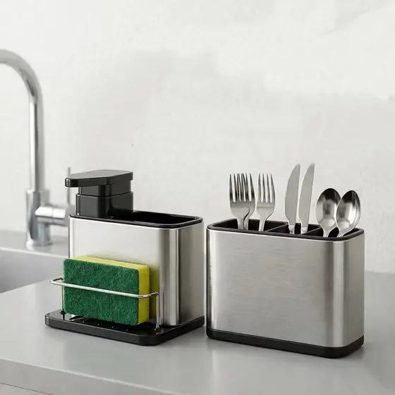 Kit 2em1 Escorredor Talheres + Dispenser Detergente Aço Inox Bancada Cozinha