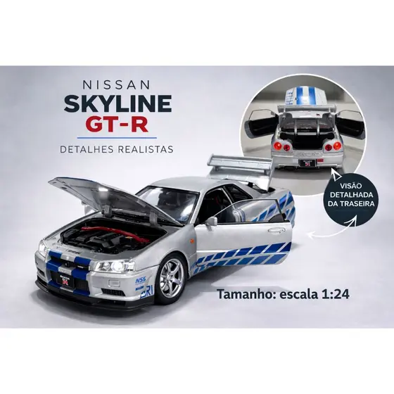 Nissan Skyline GT-R R34 Miniatura 1:24 - 1:32 Colecionável Com Portas Abertas e Luz