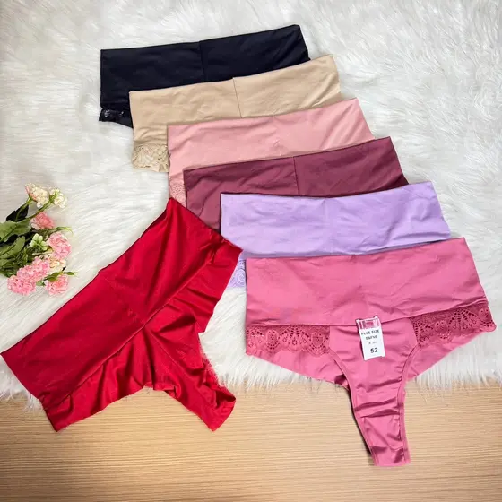 Kit Calcinha Plus Size Cintura Alta Fio Duplo Empina Bumbum Lateral Dupla Pós Parto Tanga
