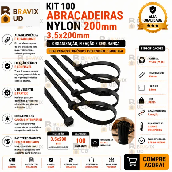 Kit 100 Cintas Plásticas Abraçadeira Nylon 200MM Enforca Gato Preto