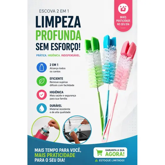 Escova Limpa Mamadeira Garrafa Copo Squeeze 30cm com Cerdas de Nylon e Ponta de Espuma