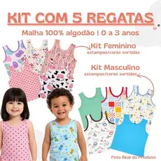 kit com 5 Regatas infantis e bebê de algodão 0 a 3 anos masculino e feminino