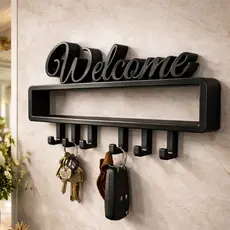 Porta-Chaves Decorativo Welcome com Ganchos Organizador de Parede Moderno para Hall de Entrada