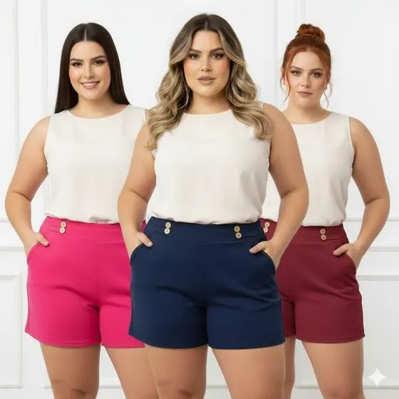 short feminino plus size G1 G2 G3 no tecido malha crepe TEM BOTÕES