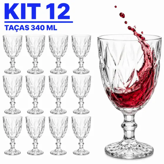 Jogo De 12 Taças De Vidro Diamond 340ml Transparente