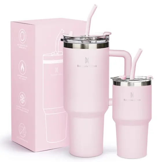 ROMANTIC CROWN Kit 2 Copo Térmico Inox Portátil 1200ml/600ml Garrafa Térmica Inoxidável com Tampa e Canudo