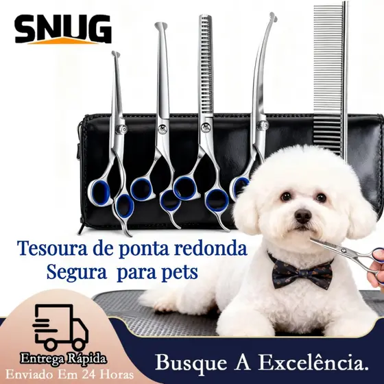 Cuidado Seguro: Kit Tosquiador 5 em 1 com Tesouras de Ponta Arredondada para Cães Gato / Cachorro