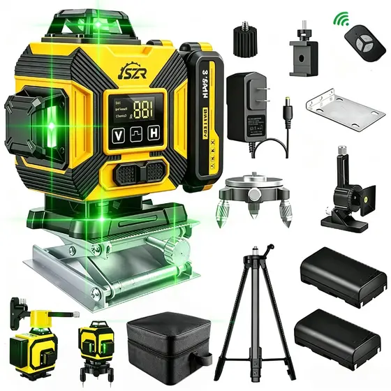 Nível Laser Verde 12/16 Linhas Autonivelante 360° - Recarregável com Controle Remoto 3D/4D Profissional