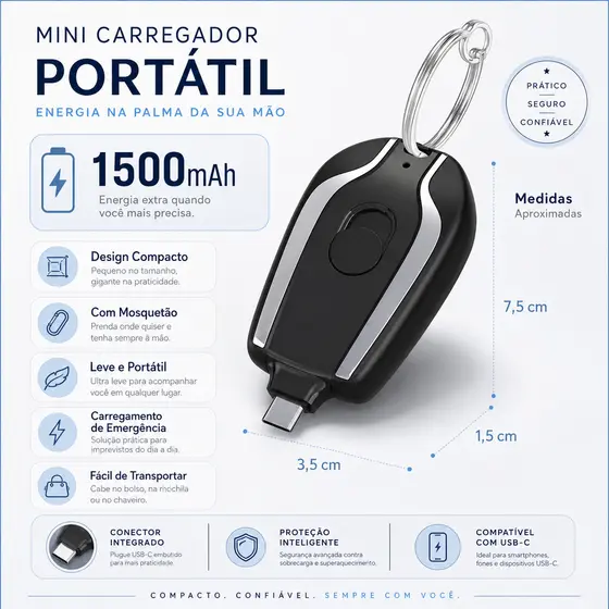 Carregador de Chaveiro Portátil 1500mAh | Mini Bateria Ultra-Compacta com Carregamento Rápido para Emergência