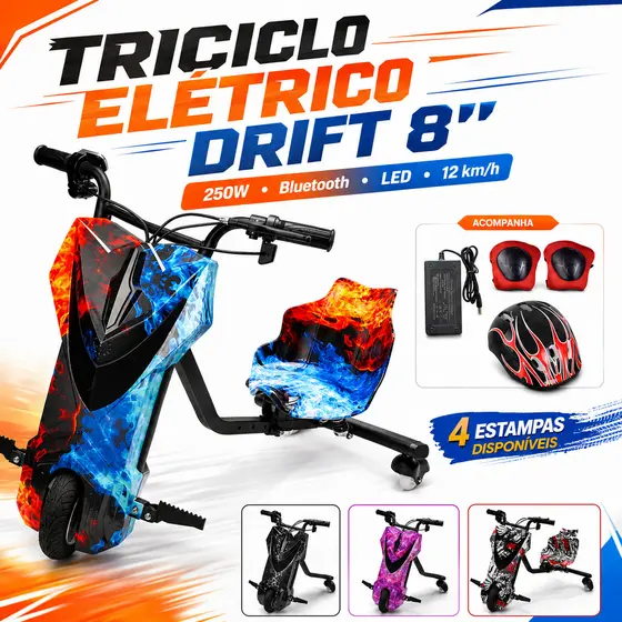 Triciclo Elétrico Drift Infantil 8 Polegadas 250W com Bluetooth Luzes LED e Capacete