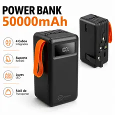 Power Bank 50000mAh Turbo 22.5W PD com Cabos Integrados 4 em 1 e Lanterna LED – Carregamento Rápido