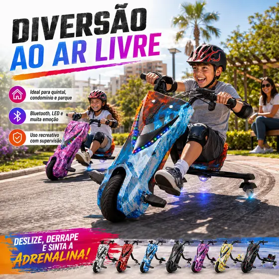Carrinho Drift Elétrico Infantil 36V 250W com Bluetooth LED Colorido Capacete e Proteções