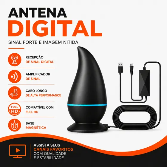 Antena Digital Para TV Aberta HDTV Com Amplificador Base Magnética Interna Sinal Digital Fácil Instalação Compacta HD TV