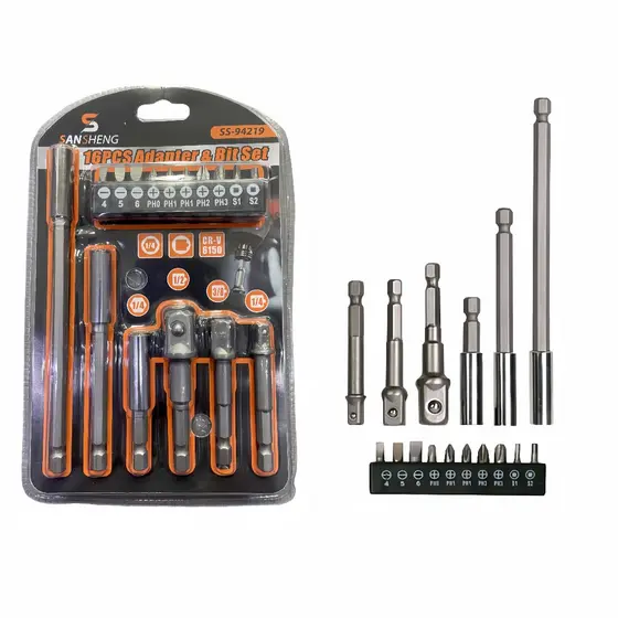Kit Adaptador Extensor Bits e Soquetes Para Parafusadeira16 Pecas - Fenda e Fhilips