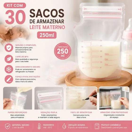 Kit 30/60/90 Saco para Armazenar Leite Materno Congelar leite materno Transportar guardar saquinho