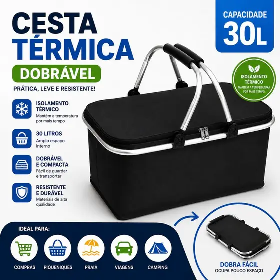 Cesta Térmica 30 Litros Bolsa Piquenique Dobrável Cooler Praia Lanche Camping Picnic ENVIO IMEDIATO