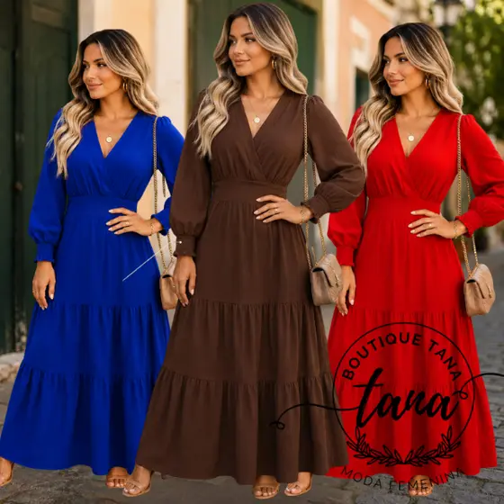 Vestido Longo Feminino Decote V cintura marcada Casual Elegante em Tecido Duna premium, Modelo Confortável e Sofisticado