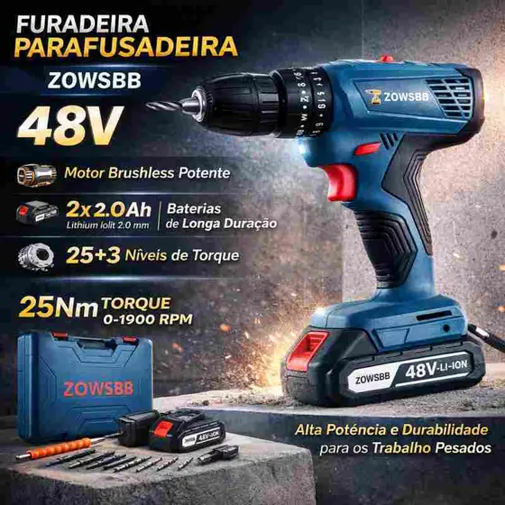 Furadeira parafusadeira ZOWSBB GSB 6-115 48v Brushless Furadeira elétrica 2 Baterias furadeira de impacto elétrica