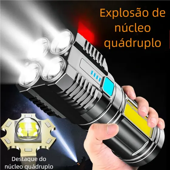 "Lanterna Prova d’Água LED - 4 Núcleos Potente com Carregamento USB  "
