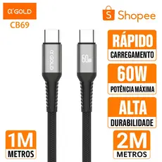 Cabo Carregador USB-C + Tipo-C Turbo 60W 1M/2M A'GOLD Nailon Carga Rapida Resistente