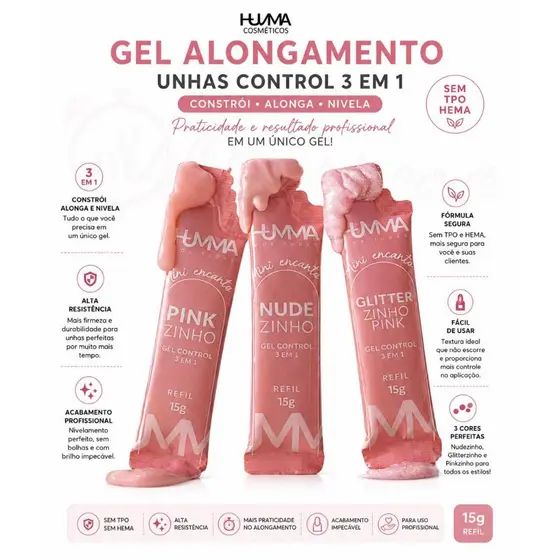Gel Alongamento Unhas Control 3 em 1 Refil 15g Mini Encanto Humma - SEM TPO & HEMA