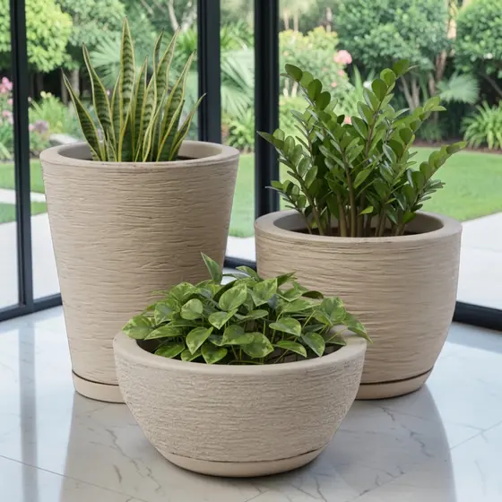 Kit 3 Vasos Coluna Bojo Bacia para Jardim e Decoração em Polietileno Resistente com Prato Coletor