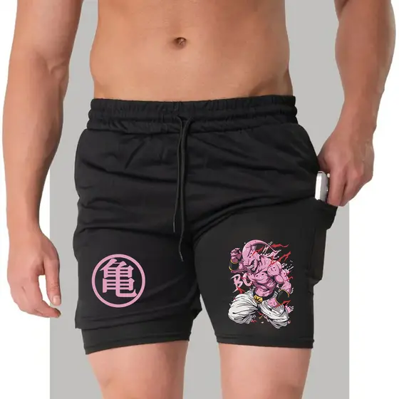 Bermuda Dry Fit Dupla com Forro Compressão Bolso Interno para Celular Majin Boo Proteção UV