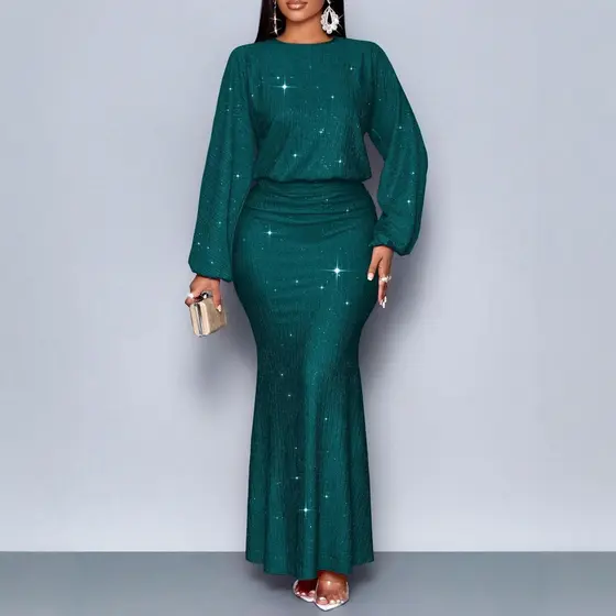 Vestido Maxi Sereia Com Glitter Brilhante Feminino , De Noite Cintura Franzida De Manga Comprida Festa Formal Bodycon El