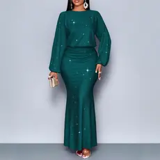Vestido Maxi Sereia Com Glitter Brilhante Feminino , De Noite Cintura Franzida De Manga Comprida Festa Formal Bodycon El