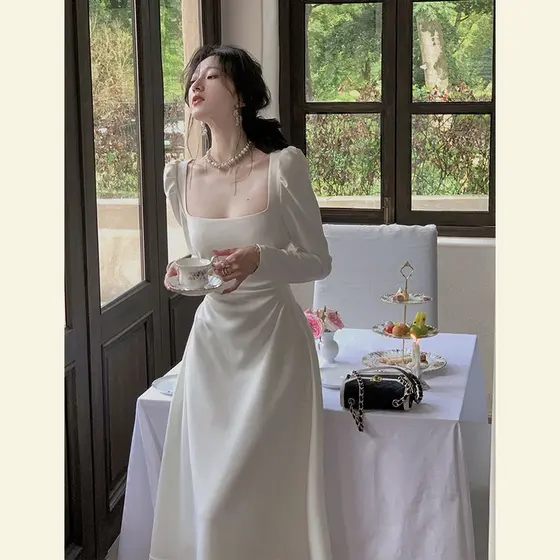 Vestido Midi De Cetim Branco Feminino , De Manga Comprida Com Gola Quadrada Estilo Francês , Elegante Festa De Noiva Cin