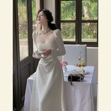 Vestido Midi De Cetim Branco Feminino , De Manga Comprida Com Gola Quadrada Estilo Francês , Elegante Festa De Noiva Cin