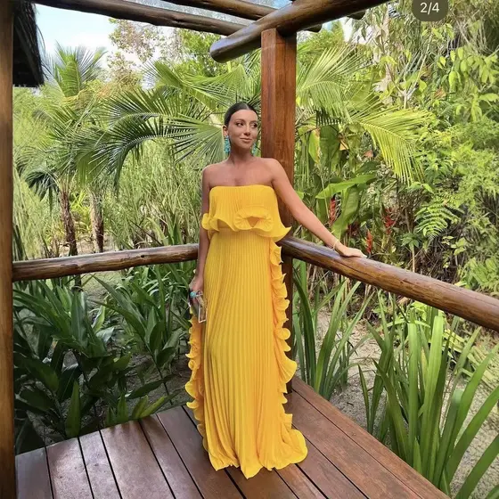 Vestido maxi Feminino Amarelo Plissado Sem Alças , De Festa De chiffon Com Babados Noite Elegante Para O Verão