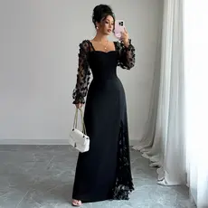 Vestido Maxi Feminino De Manga De Malha Floral , Elegante , Gola Quadrada , Cintura Alta , De Noite Formal Com Fenda