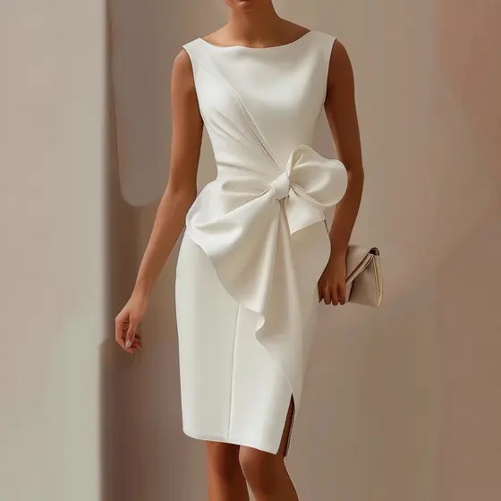 Vestido Fino Branco Sem Mangas Com Laço Feminino , Elegante Estilo Para Festa Lápis Midi Coquetel