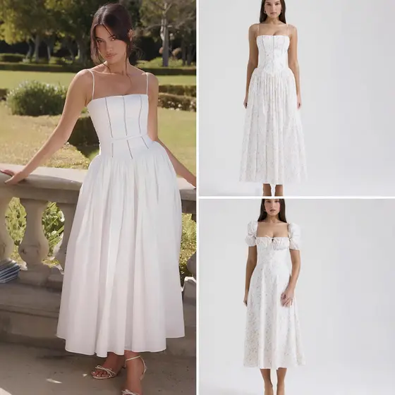 2026 Verão Doce Floral Camisola Vestido Feminino , Fresco Elegante Cintura Fina Midi Evasê