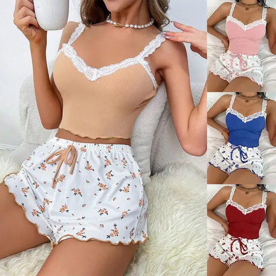 Verão Novo Laço Estilingue Colete Pijamas Feminino Fino De Duas Peças loungewear Pode Ser Usado Fora