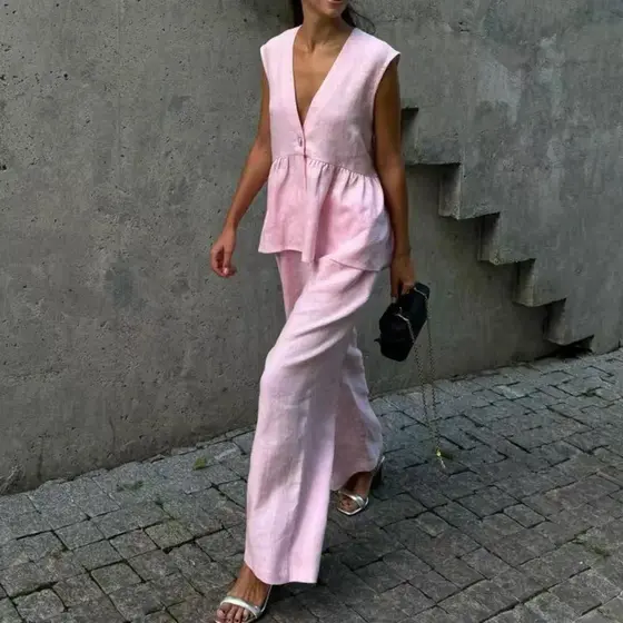 Roupa Feminina De Mistura De Linho Rosa De 2 Peças , Top Colete Sem Mangas Com Decote Em V E Conjunto De Calças Largas D