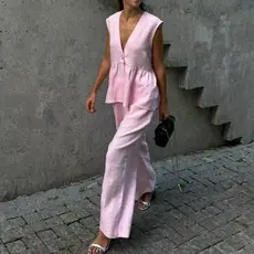 Roupa Feminina De Mistura De Linho Rosa De 2 Peças , Top Colete Sem Mangas Com Decote Em V E Conjunto De Calças Largas D