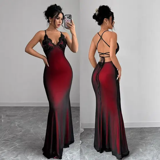 Vestido Maxi Feminino De Renda Com Decote Em V Sereia , Gravata Cruzada Nas Costas , Alça Espaguete , Gradiente , Bodyco