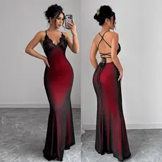 Vestido Maxi Feminino De Renda Com Decote Em V Sereia , Gravata Cruzada Nas Costas , Alça Espaguete , Gradiente , Bodyco