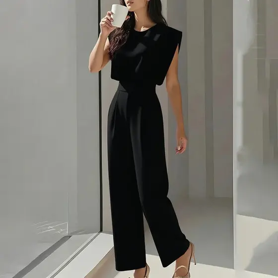 Macacão Feminino Sem Mangas Com Gola Redonda , Cintura Alta Plissada Reta Perna Larga Calças Compridas , Elegante Escrit