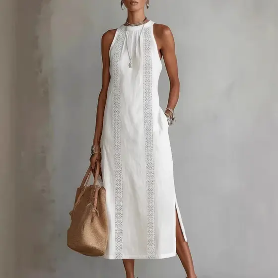 Vestido Maxi Feminino Sem Mangas Com Gola Halter , Casual De Verão De Cor Sólida Fenda Lateral E Bolsos