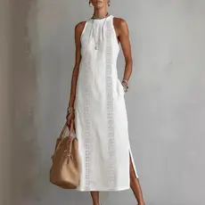 Vestido Maxi Feminino Sem Mangas Com Gola Halter , Casual De Verão De Cor Sólida Fenda Lateral E Bolsos