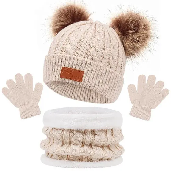 Bebê Inverno Chapéu Pompom Crianças De Malha Bonito Quente Boné Cachecol Luvas Terno Para Menina Menino Casual Cor Sólid
