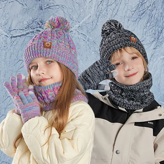 3pc Crianças Chapéu De Inverno Cachecol Luvas Conjunto Unisex Gorro Boné De Malha Proteção De Ouvido Velo Quente Meninos