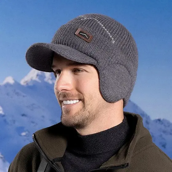 Gorros Skullies Masculinos Com Viseira Para O Calor Inverno Malha Earmuffs Grosso Lã Forrado Crânio Esqui Boné De Beiseb