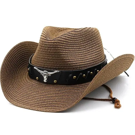 Chapéu De Palha De Cowboy Ocidental , Sol De Verão Praia Tibetano Com Acessórios Cavaleiro , Maré